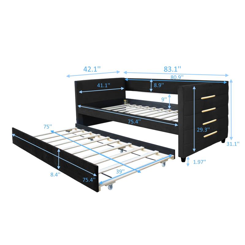 Modern Twin Size Daybed with Trundle, Upholstered Black Velvet Sofa Bed Frame with Gold Accents, Space-Saving Guest Bed