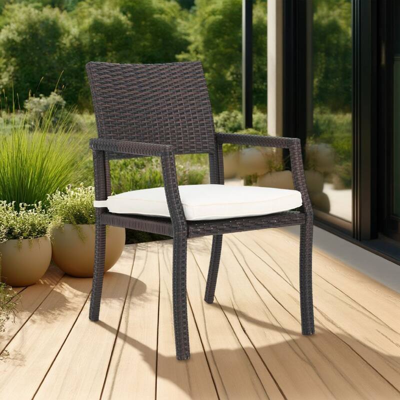 Roeh Outdoor Dining Chair Set of 2, Contemporary Wicker and Brown Fabric