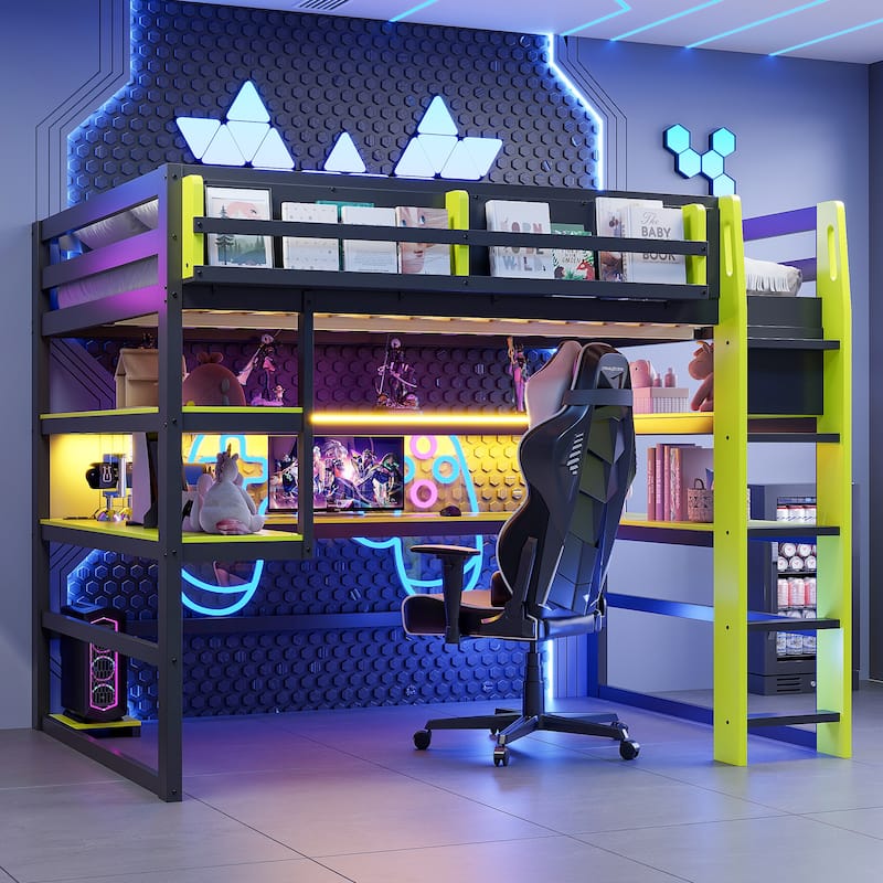 Loft Bed with Wraparound Study Hub, Side Storage Rack, USB Charging & RGB Light by Harper&Bright Designs - Green - Twin