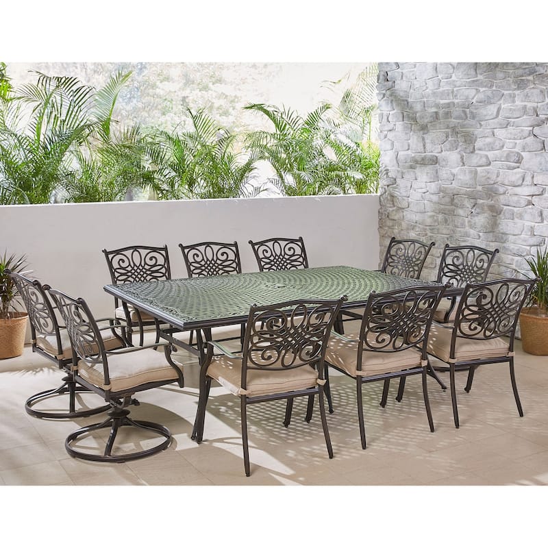 Hanover Traditions 11-Piece Dining Set in Tan with Four Swivel Rockers, Six Dining Chairs, and an Extra-Long Dining Table