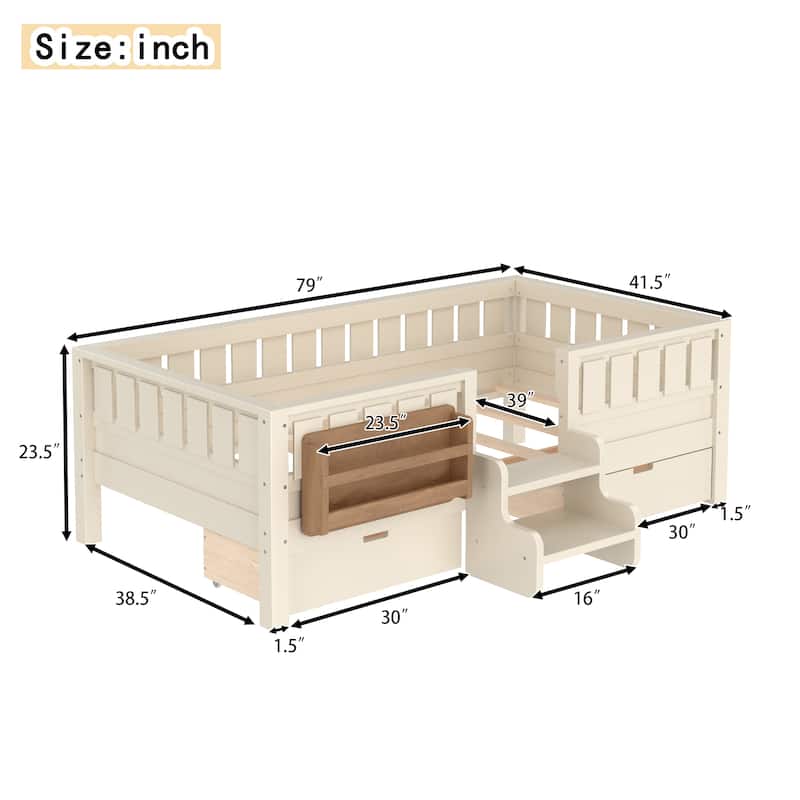 Full/Twin Loft Bed with Storage Drawers, Safety Staircase & Rails