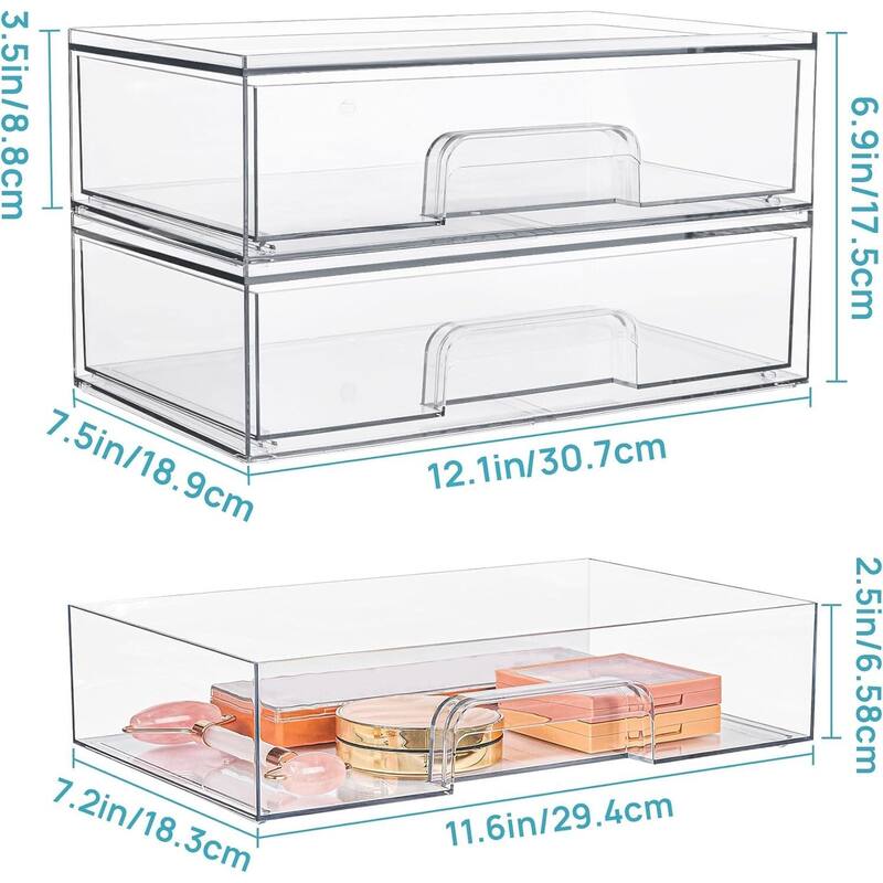 12.1''W Clear Stackable Storage Drawers,3 Pack Acrylic Plastic Organizers Bins - 7.5"D x 12.1"W x 3.5"H
