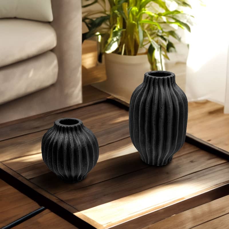 Black Set of 2 Vertical Grooved Ceramic Squat and Oblong Table Vases