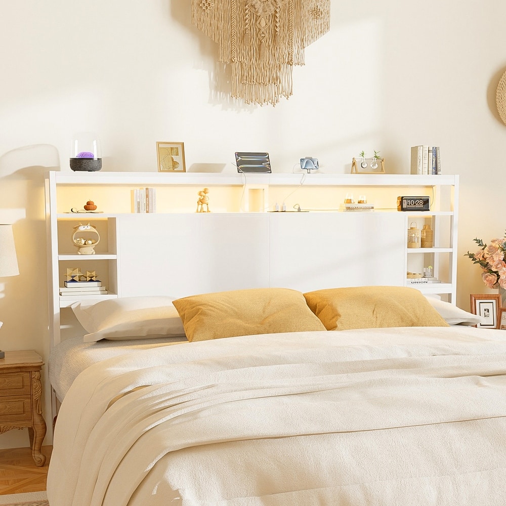 Headboards with Storage Shelves, Head Board with Power Outlet and LED Light for Bed Frame