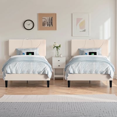 VECELO Platform Twin Bed Frame with Charging Stations and LED Lights,Kids Bed Set of 2, Strong Wooden Slats Support