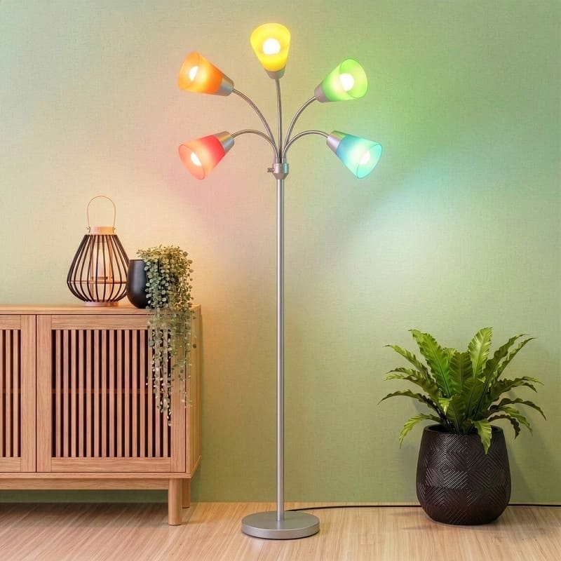 Brightech Medusa Modern 78" Platinum Silver Modern 5-Light Adjustable Gooseneck LED Floor Lamp with 5 Multicolored Cone Shades