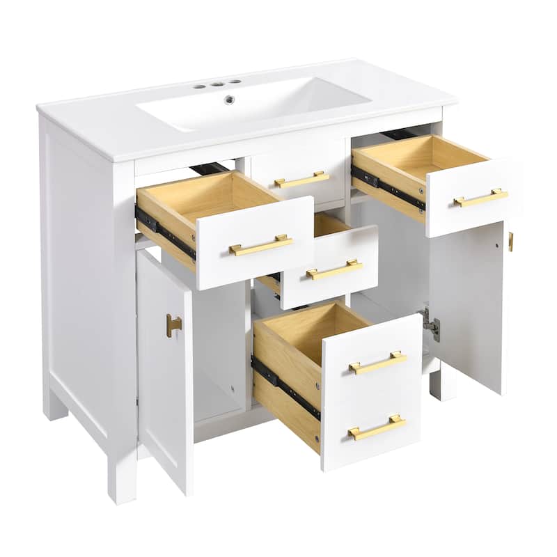 Roomfitters 36" Vanity with Ceramic Sink, Solid Wood Freestanding Cabinet with 4 Drawers and 2 Doors, Storage Unit for Bathroom