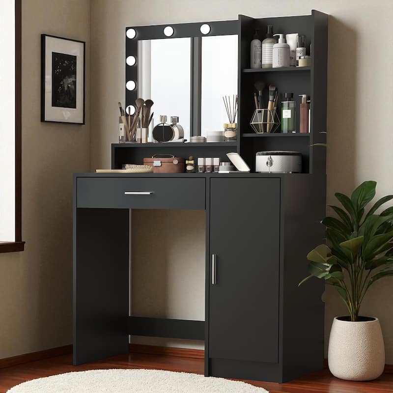 Makeup Vanity Table with Adjustable Lighting, Oversized Drawer, 3 Shelves and Cabinet Storage