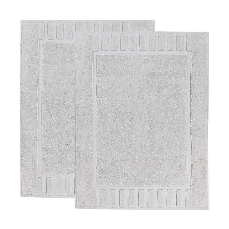 Blue Nile Mills 100% Cotton Solid Modern Geometric Border Absorbent Heavy Washable Bath Mats, Set of 2 - Silver
