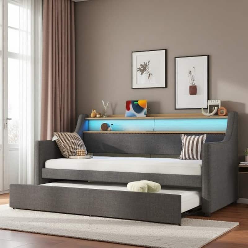 Twin Size Daybed with Trundle, Nailhead Trim, Built-In USB Charging Ports, LED Lighting & Storage Headboard - Gray