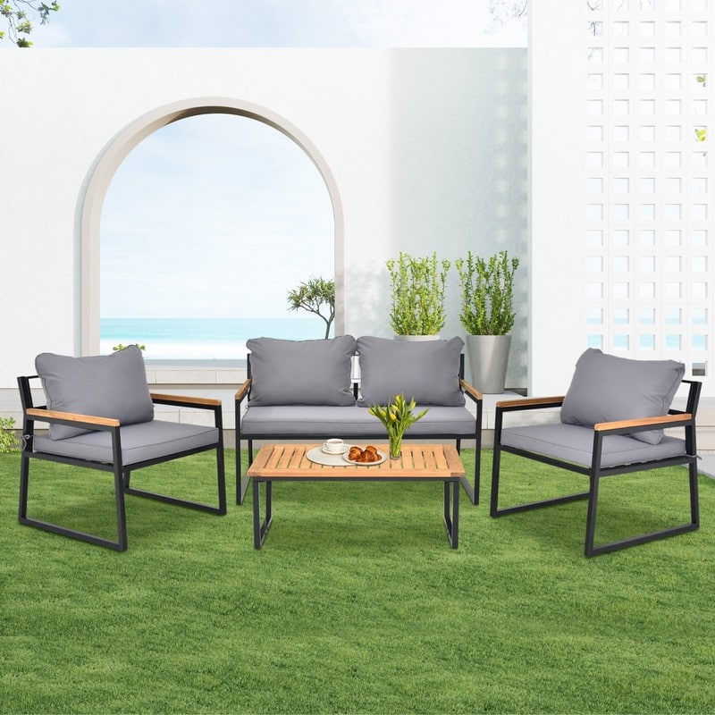 4 Piece Outdoor Patio Lounge Conversation Set Metal Frame with Acacia Wood - Grey