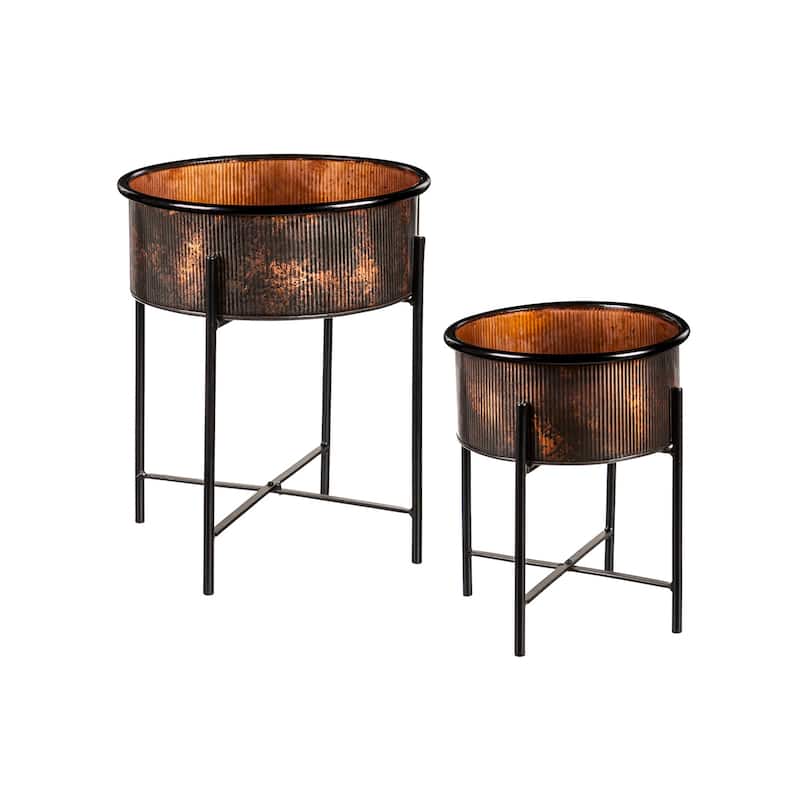 Ribbed Burnt Copper Planters with Stand (2-Pack)