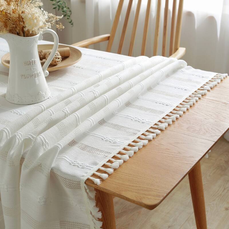 Enova Home High Quality Rectangle Cotton Linen Washable Tablecloth Stripe with Tassel for Home Party Wedding Dining Table