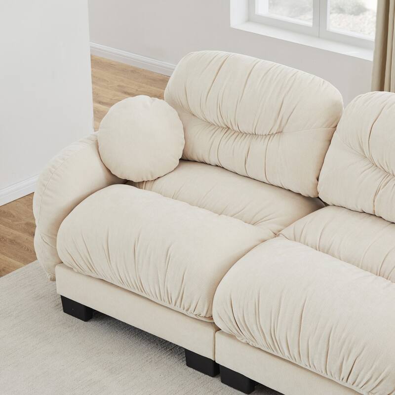 116" Chenille Pleated Design Sectional Sofa with Ottoman and 2 Round Pillows