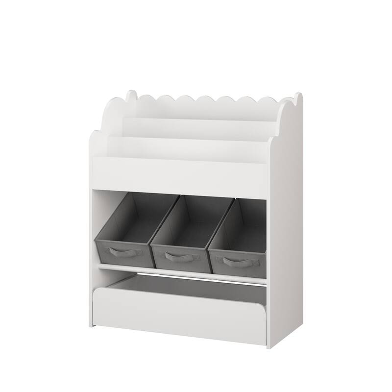 Kids Bookshelf with Storage Bins and Drawer,Multi-Functional Wooden Book Organizer for Toddlers,White Bookcase for Toys, Books