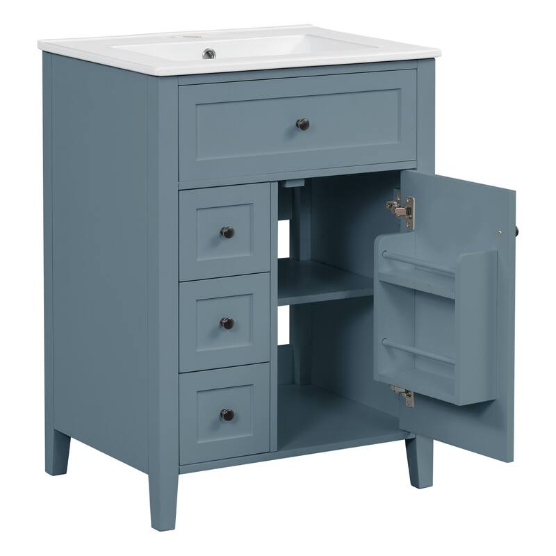 24" Gray Blue Bathroom Vanity with Sink, MDF & Rubberwood Construction, 3 Drawers & Cabinet with Adjustable Shelves