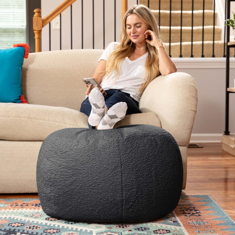 Jaxx Ellis Pouf - Modern Shearling Faux-Lamb Plush Fleece Ottoman - Large - Black