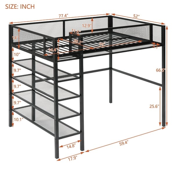Modern Style Twin Size Metal Loft Bed with 4-Tier Shelves and Storage, Creative Structure, Storage Space, Good Stability, Black