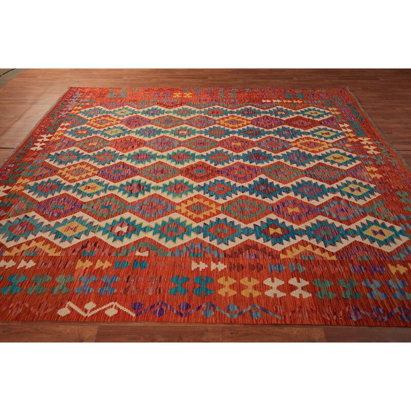 Geometric Kilim Oriental Area Rug Flatweave Reversible Wool Carpet - 8'4" x 9'10"