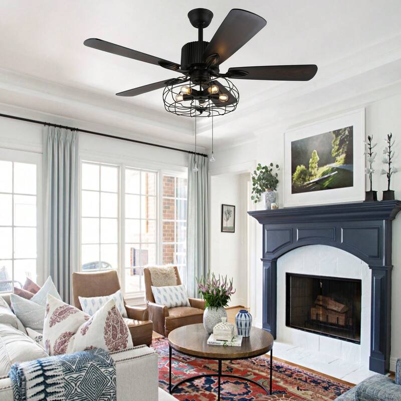 Cusp Barn Industrial Ceiling Fan Black Caged Chandelier Fan with Remote and 5 Wooden Reversible Blades for Kitchen