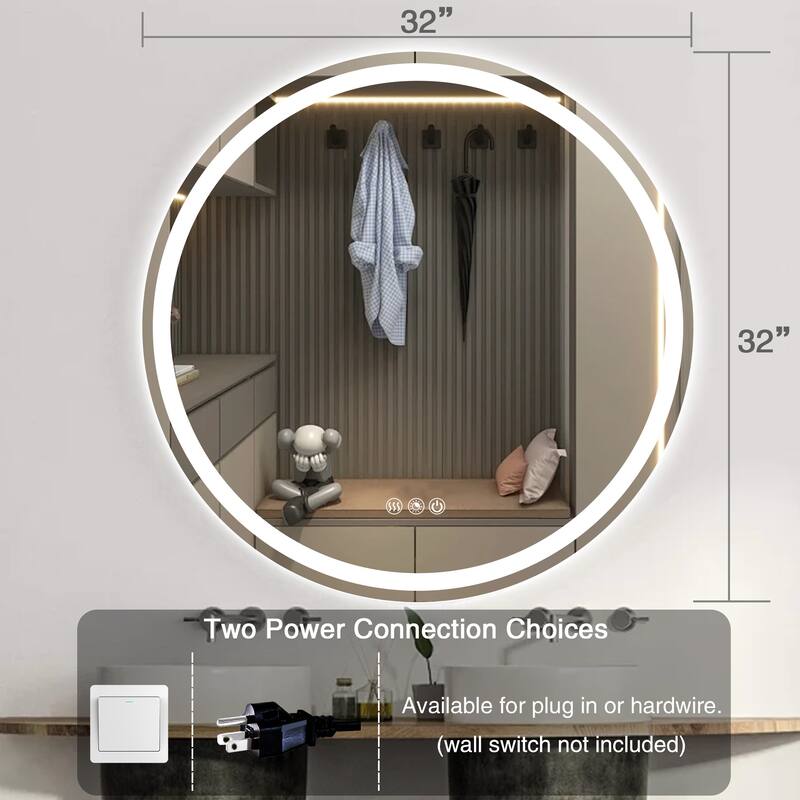 Round LED Bathroom Mirror Frameless Wall Mounted LED Bathroom Vanity Mirror Dimmable Anti-Fog 3 Colors LED Makeup Mirror