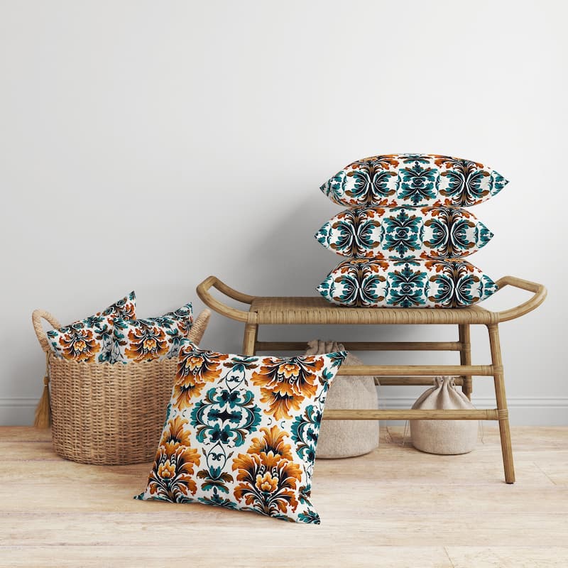 Damask Rapture Faux Suede Reversible Throw Pillow Turquoise and Orange