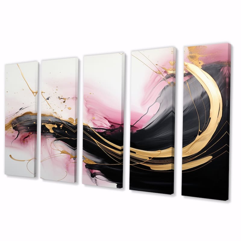 Designart "Abstract Gold Wave Pink And Black I" Abstract Multipanel Wall Decor set