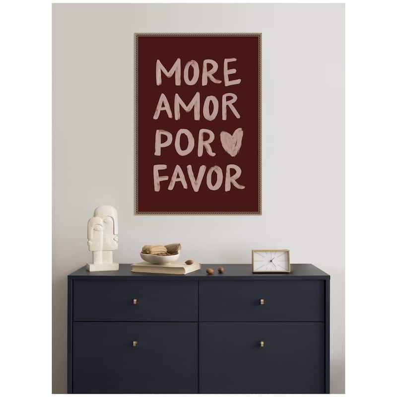 Kate and Laurel More Amor Por Favor Hand Painted Typography Maroon by Lucky Guava Framed Canvas Wall Art Print