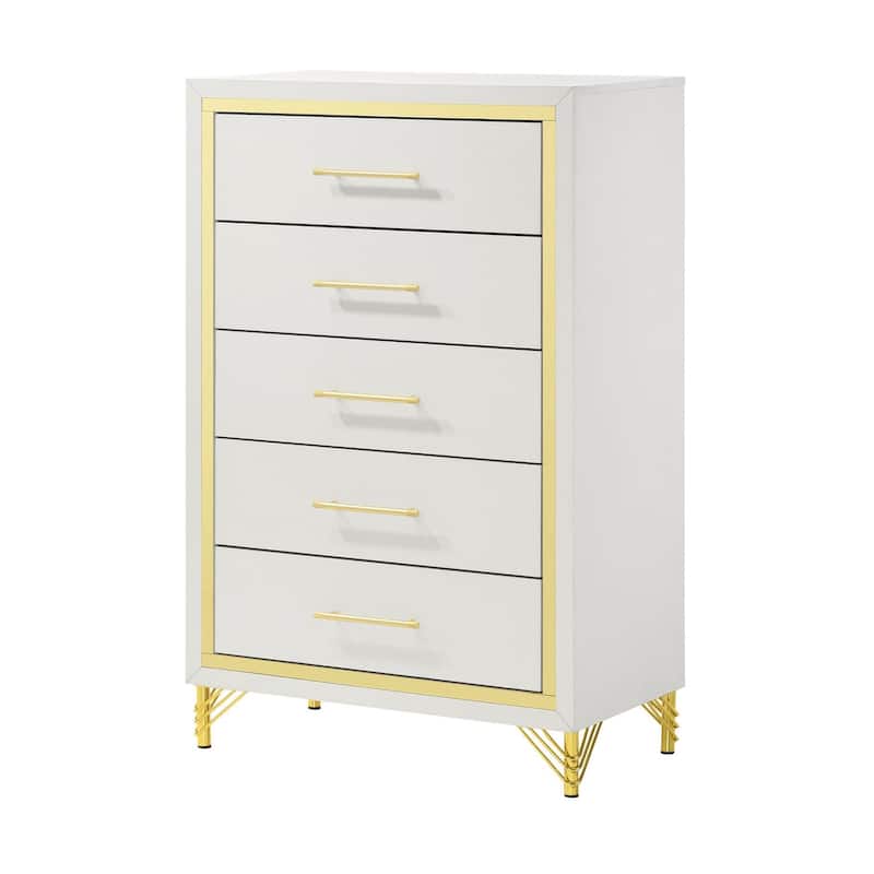 Chesney White 5-drawer Chest with Gold Trim