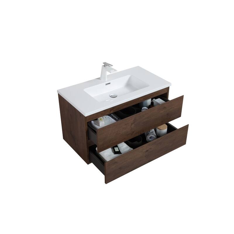 ABRUZZO 36" Floating Single Bathroom Vanity Wall-Mounted with Integrated Resin Top Basin 2 Soft Close Drawers Full Assembly
