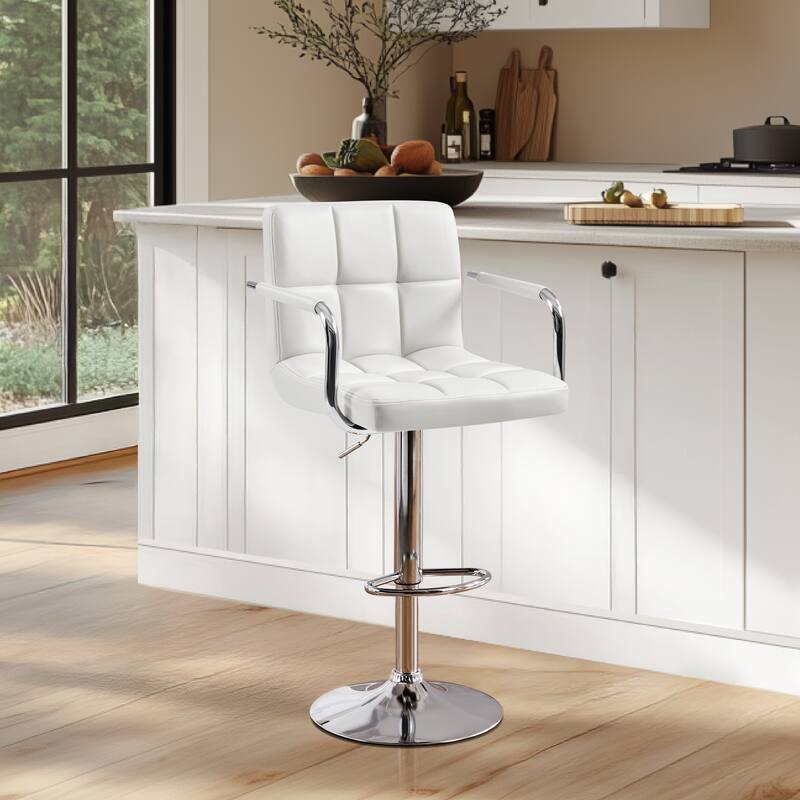 Yaheetech PU Leather Swivel Adjustable Bar Stool with Backrest for Dining Room Bar Counter - White