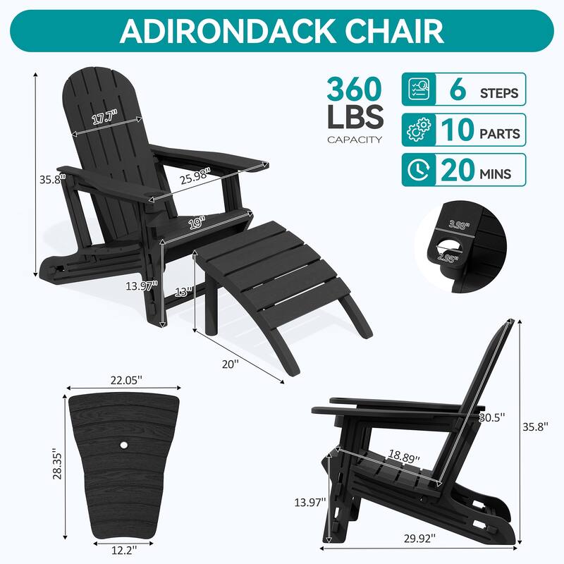 Outdoor All Weather Adirondack Chairs with Movable Footrests, Set of 5/3.