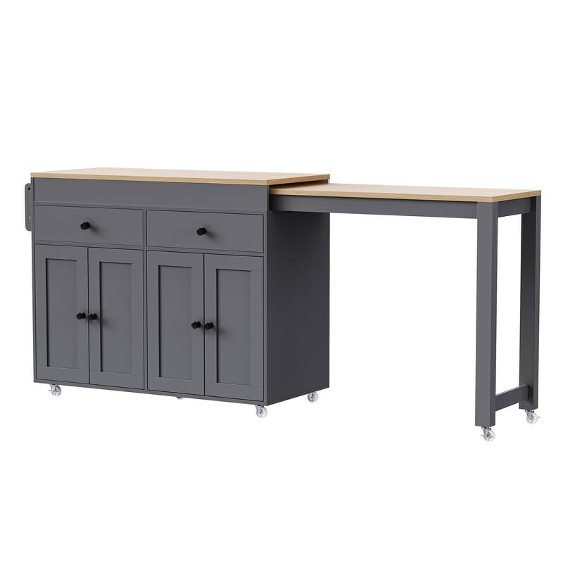 Kitchen Island with Extendable Dining Table, Rolling Island Cart on Locking Wheels, Breakfast Bar with 2 Drawers & 4 Door