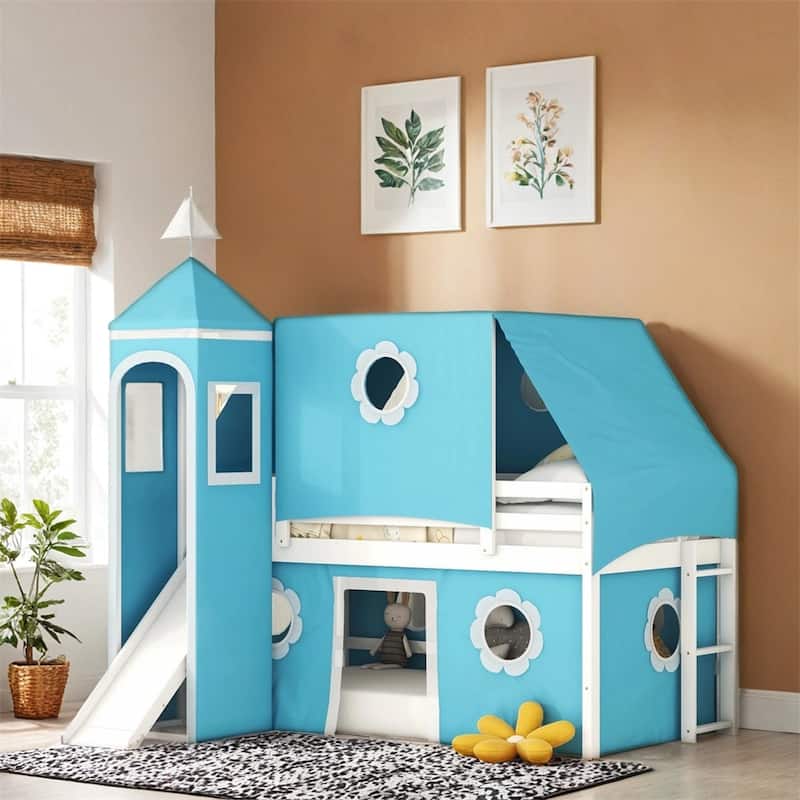 Twin Size Loft Bed with Slide Blue Tent and Tower