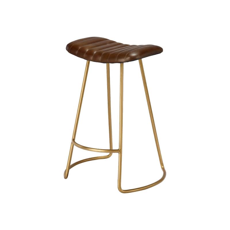 Counter Stool with Leatherette Vertical Channel Stitching, Brown and Antique Brass