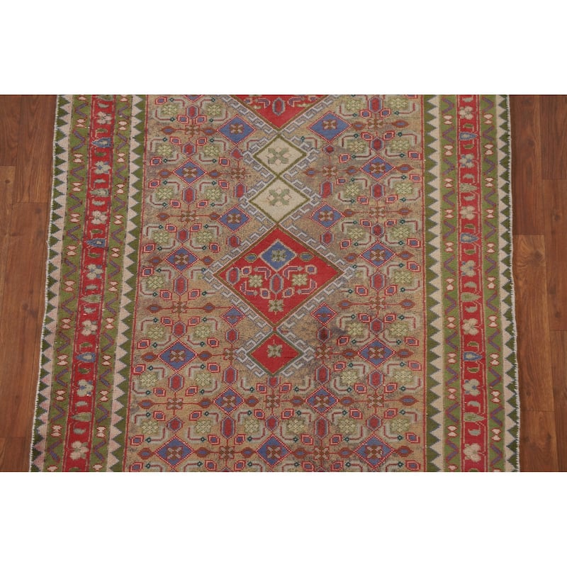 Geometric Tabriz Persian Antique Runner Rug Hand-knotted Wool Carpet - 3'8" x 9'5"