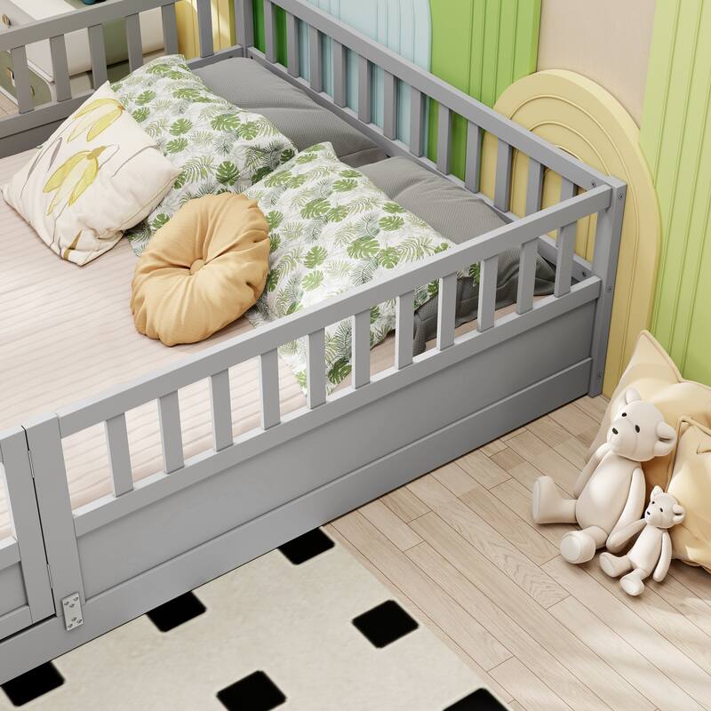 Grey Full Size Pine Floor Bed with High Security Barrier & Door