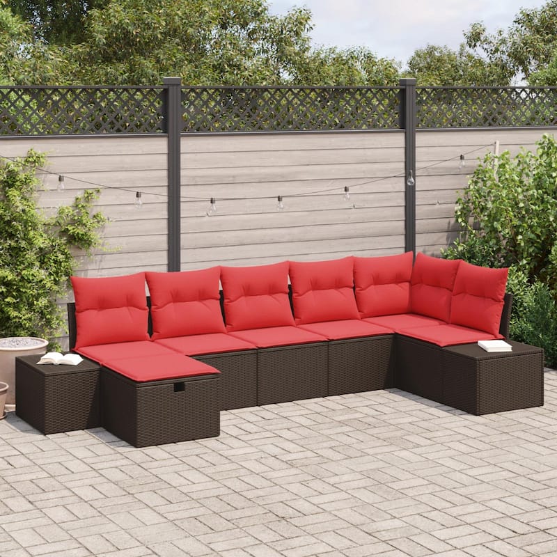 vidaXL 7/8 Garden Sofa Set with Cushions Black/Brown/Grey Poly Rattan - 125.6 x 60.6 x 27.2 - Brown without table