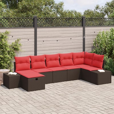vidaXL 7/8 Garden Sofa Set with Cushions Black/Brown/Grey Poly Rattan - 125.6 x 60.6 x 27.2