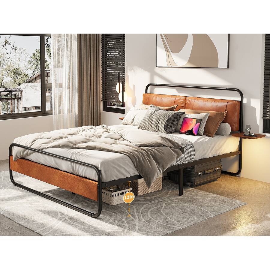 King Size Metal bed Frame with Upholstered Headboard, with wireless charging and USB A & USB C, Touch LED light