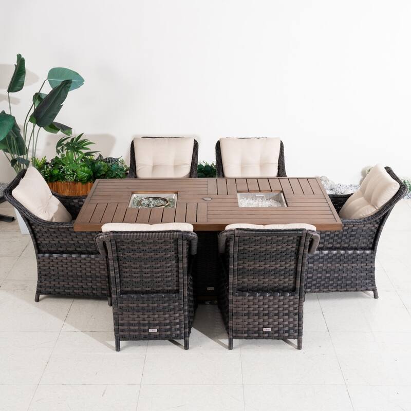 Outdoor 7-piece Furniture Set with Aluminum Fire Pit Table and Ice Bucket