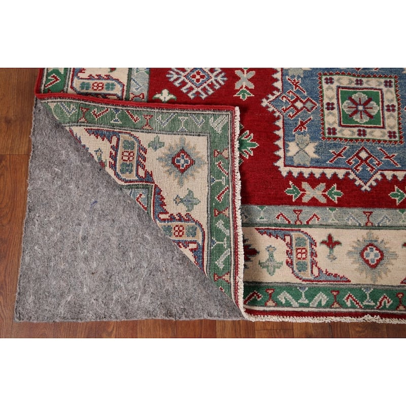 Geometric Red Kazak Area Rug Hand-Knotted Oriental Wool Carpet - 5'0" x 6'3"