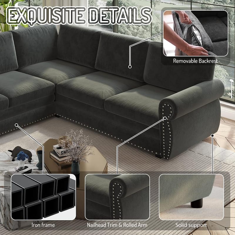 88.2" L-Shaped Sleeper Sectional Sofa with Pull-Out Bed - Chenille Convertible Couch, Nailhead Trim, for Living Room