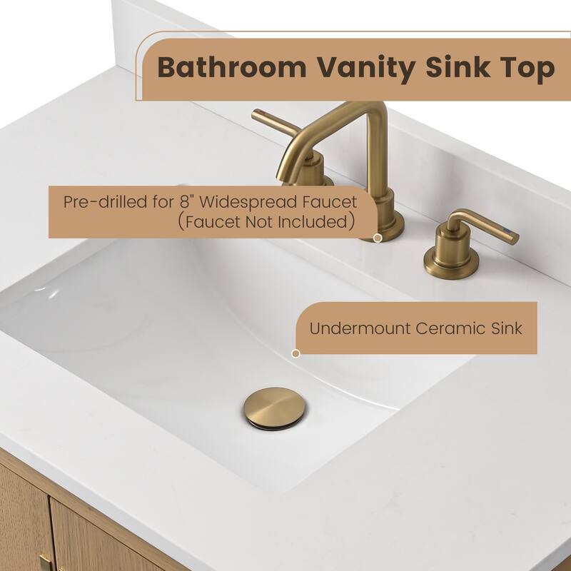 36" Freestanding Bathroom Vanity with Engineered Stone Top, Ceramic Sink, Built-In Power Outlet, and Soft-Close Doors