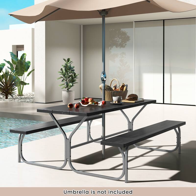72 Inch 8-Person Outdoor Picnic Table and Bench Set with HDPE Wood-Texture Top and with Built-in Umbrella Hole