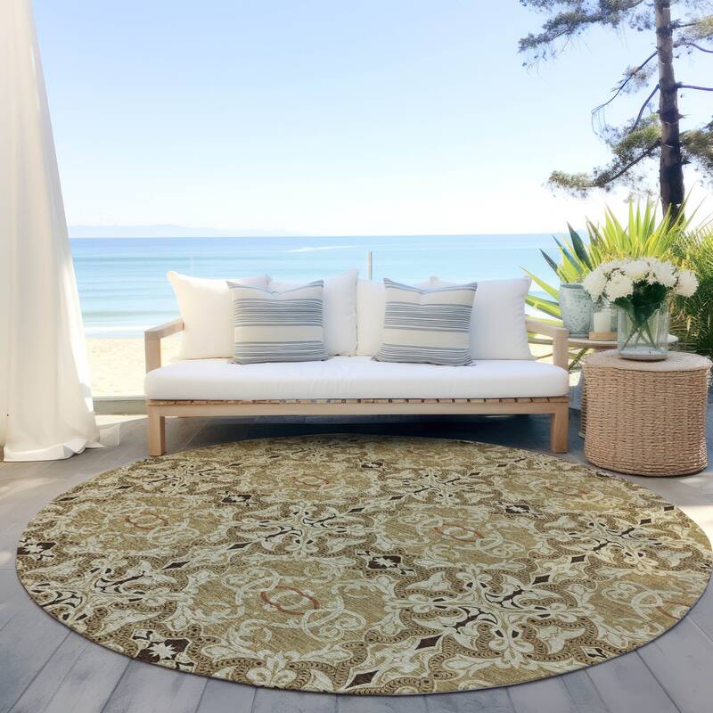 Machine Washable Indoor/ Outdoor Chantille Traditional Medallions Rug - Brown - 8' x 8'