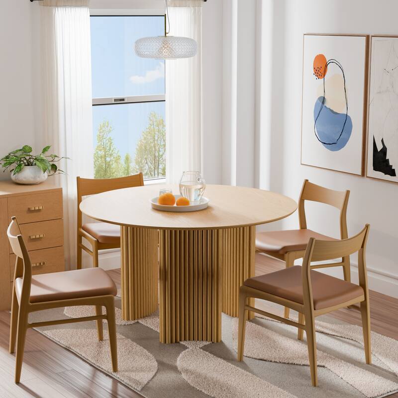 Dovelina 46" Modern Round Dining Table with Artistic Fluted Base & Safe Rounded Edges for Family - Oak