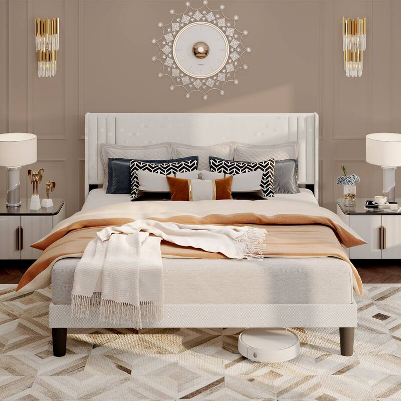 Twin/Full/Queen/King Bed Frame with Wingback Headboard, Upholstered Platform Bed