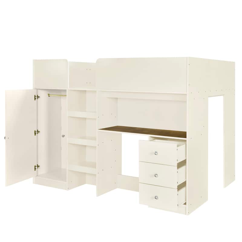 Full Solid Wood Loft Bed with Wardrobe & Desk