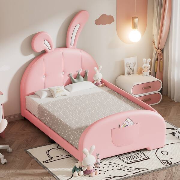slide 2 of 17, Twin Size Upholstered Platform Princess Bed Frame with Rabbit-Shape Headboard and Footboard Pocket for Bedroom Pink - Twin